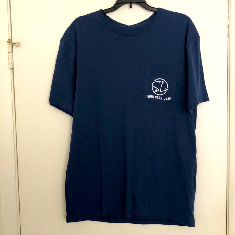 Southern Lure dark blue front pocket M double sided puppy with shoe tee shirt